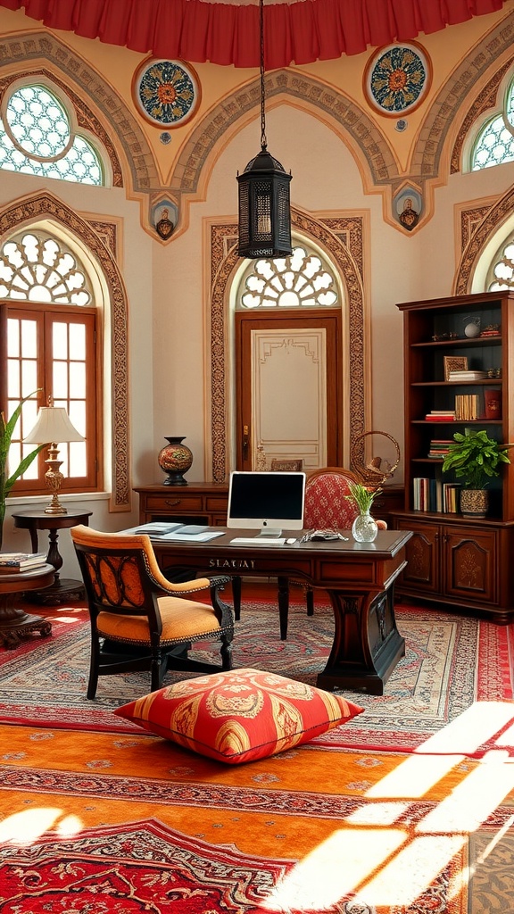 A beautifully designed home office with Islamic architectural influences, featuring ornate windows, a wooden desk, and vibrant rugs.