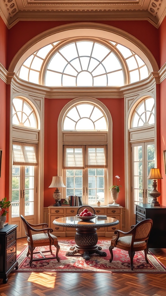 A beautifully designed home office with large arched windows, elegant furniture, and warm colors.