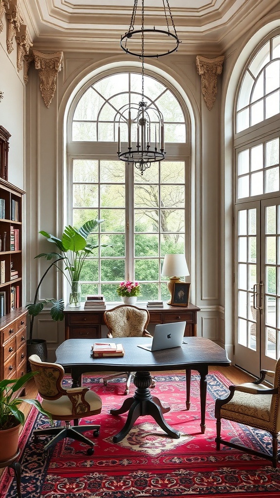 An elegant Italianate home office featuring tall windows, intricate ceiling designs, and a dark wooden desk on a red rug.