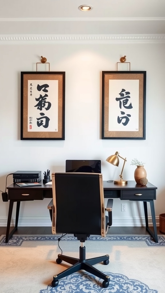A home office featuring Japanese calligraphy art on the walls, with wooden furniture and a serene atmosphere.