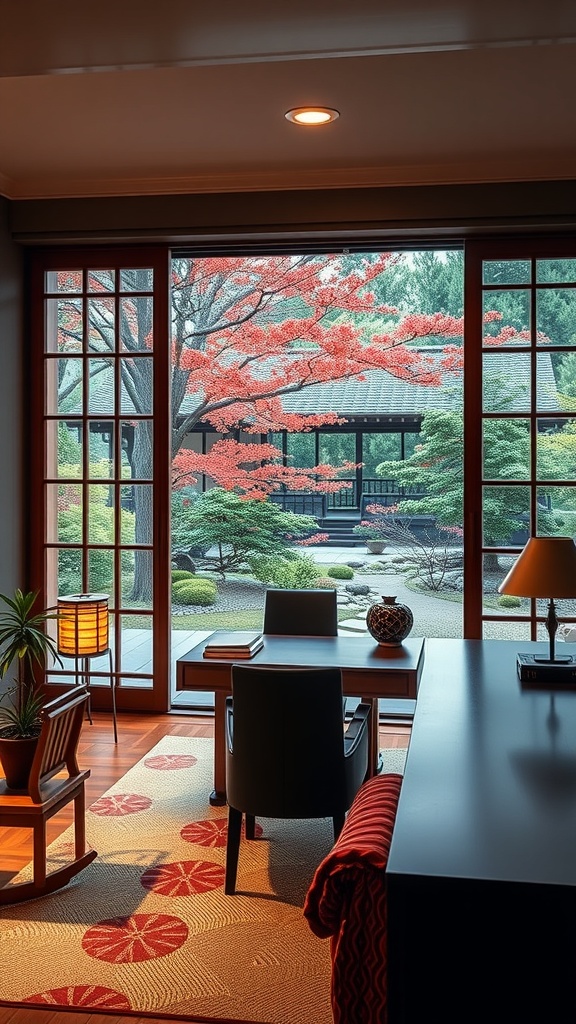 A serene home office with a view of a Japanese garden featuring a red maple tree and traditional architecture.