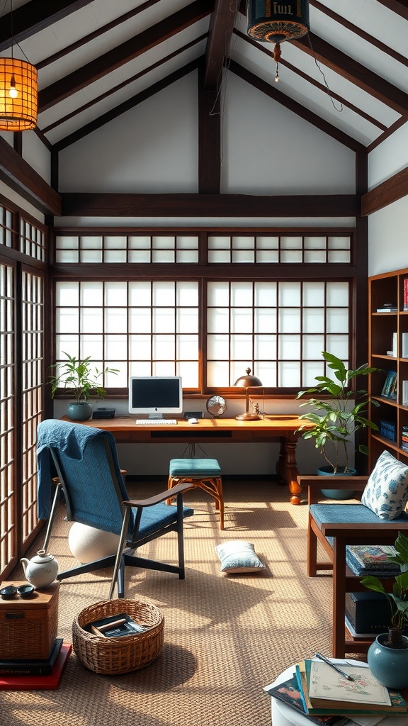 A serene home office inspired by Japanese tea house elements, featuring wooden beams, shoji screens, and a minimalist desk.