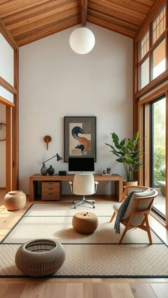 A serene Japanese Zen home office with wooden beams, a minimalist desk, and natural decor.