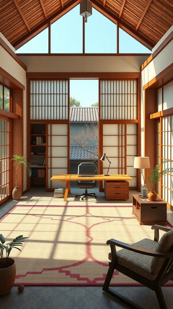 A serene Japanese Zen-inspired home office with large windows, natural light, and minimalist decor.