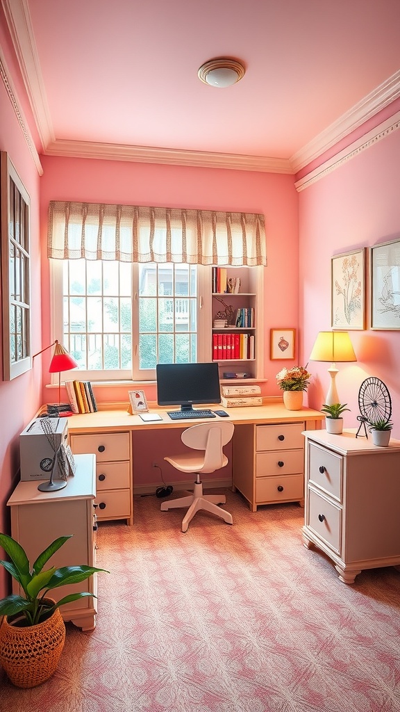 A kawaii aesthetic home office with pink walls, a desk, and plants.