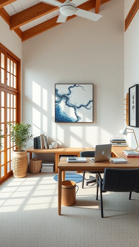 A bright home office with wooden accents, featuring a desk, chair, and artwork, inspired by Japanese design.