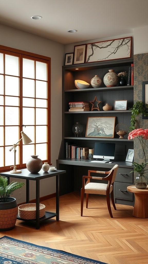 A cozy home office featuring Kintsugi inspired decor with wooden floors, natural light, and elegant furniture.