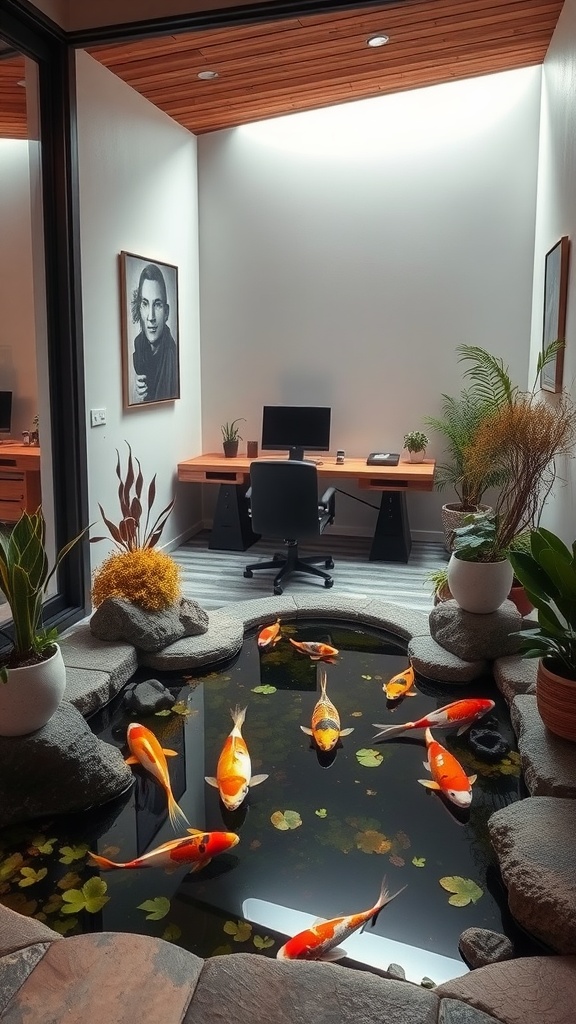 A modern home office featuring a koi pond with colorful koi fish, surrounded by plants and natural light.