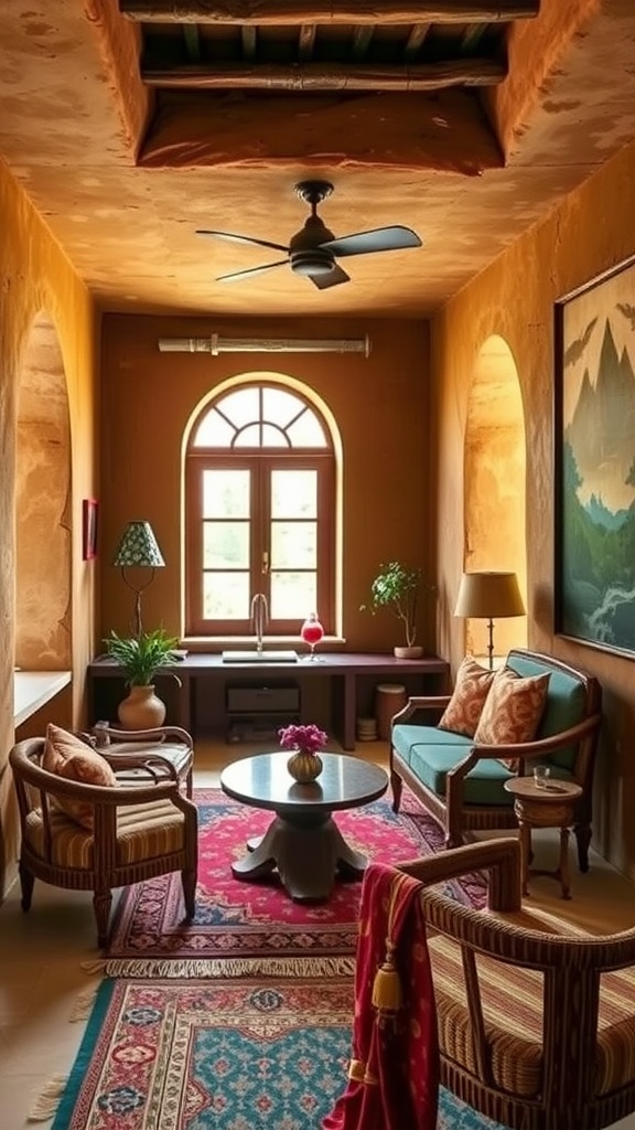 A cozy home office featuring Kutch Mud Architecture with earthy tones, traditional furniture, and vibrant rugs.