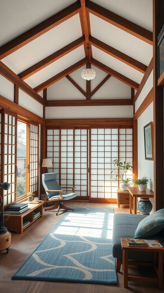 Interior of a Kyo-Machiya townhouse featuring wooden beams, shoji screens, and a cozy atmosphere.