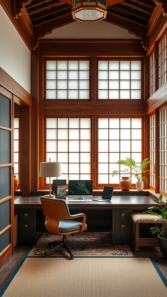 A cozy home office featuring traditional Japanese architecture with wooden elements and large windows.