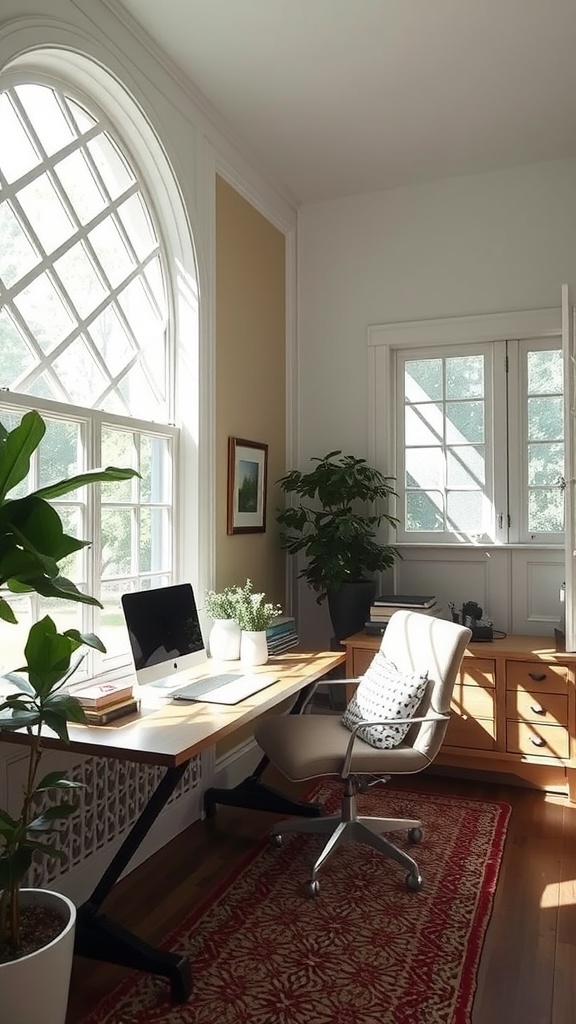 A beautifully designed home office featuring intricate lattice windows that allow natural light to illuminate the space.