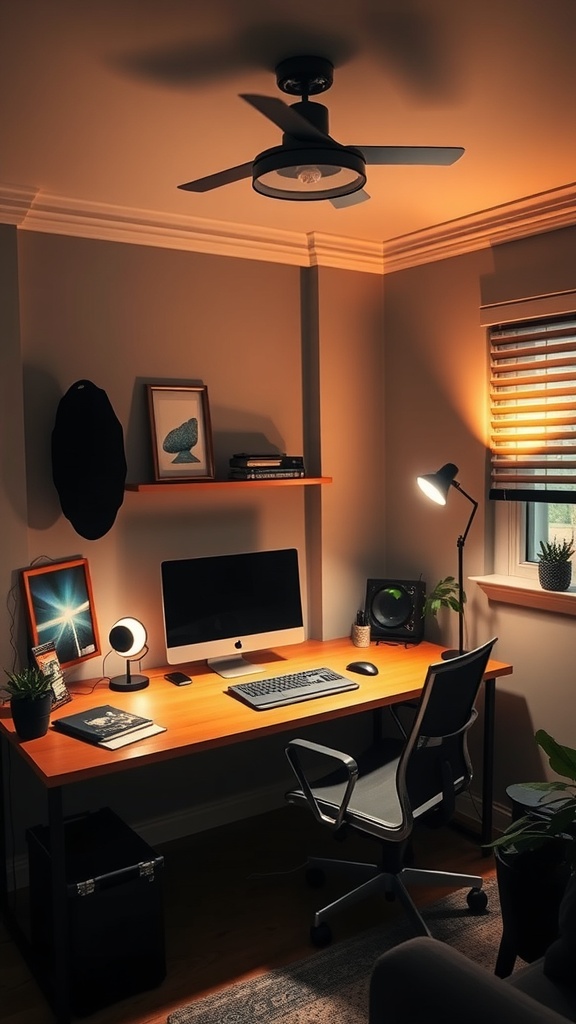 A cozy home office with layered lighting, featuring a pendant light, floor lamp, and natural light from curtains.