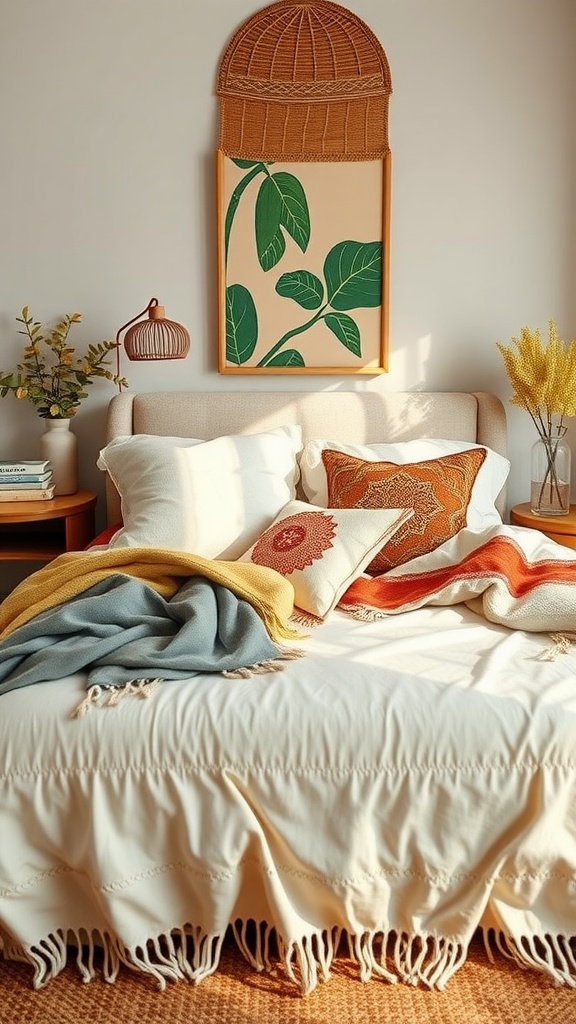 A cozy bed with layered textiles, featuring a light fringed bedspread, colorful throws, and decorative pillows, creating a warm and inviting summer bedroom aesthetic.