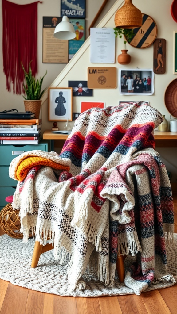 A cozy chair draped with colorful layered throw blankets in a boho office setting.