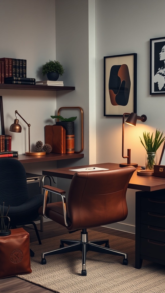 A modern masculine home office featuring a brown leather chair, dark desk, and warm lighting.