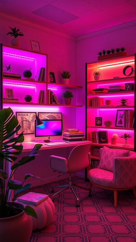 A modern home office with LED strip lights illuminating shelves and creating a cozy atmosphere.