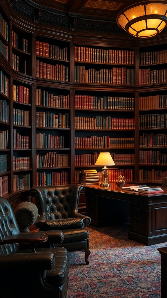 A cozy library style office with wooden shelves filled with books, leather chairs, and a classic desk.