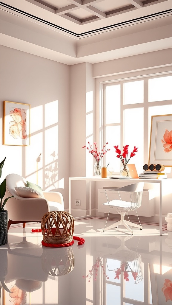 A bright and airy home office with light-reflecting surfaces, featuring a modern desk, plants, and decorative elements.