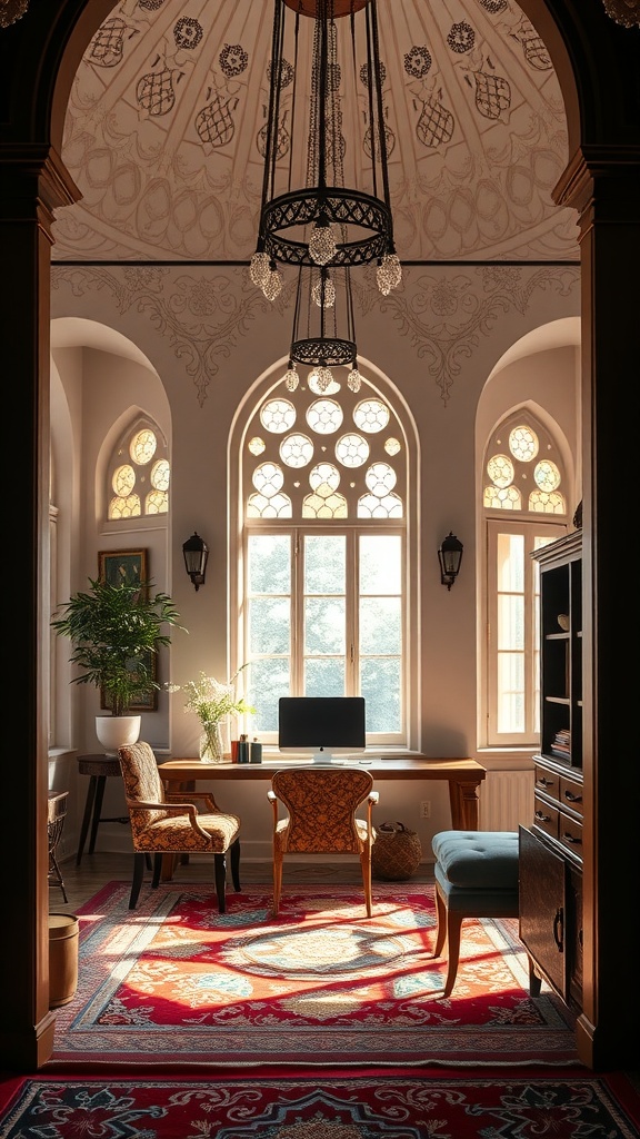 A beautifully designed home office with large windows, intricate ceiling patterns, and warm lighting.