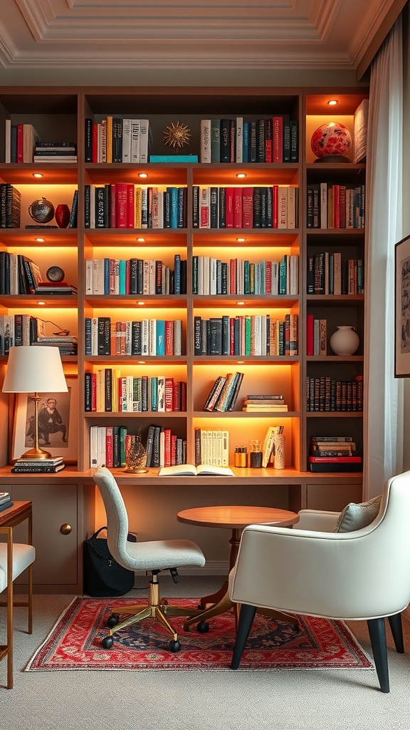A cozy home office with lighted bookshelves, a desk, and a comfortable chair.