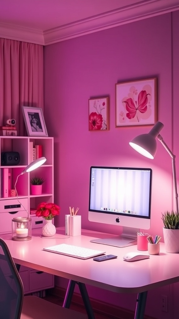 A modern home office setup with pink lighting, featuring a desk, computer, and decorative items.