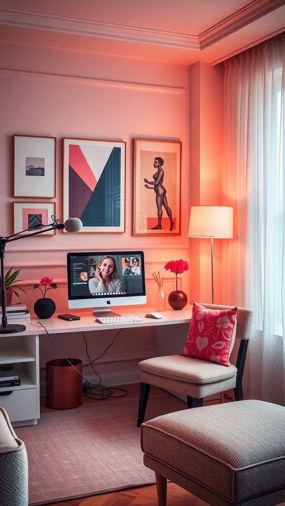 A cozy home office setup with warm lighting, a computer displaying a video call, and decorative art on the walls.