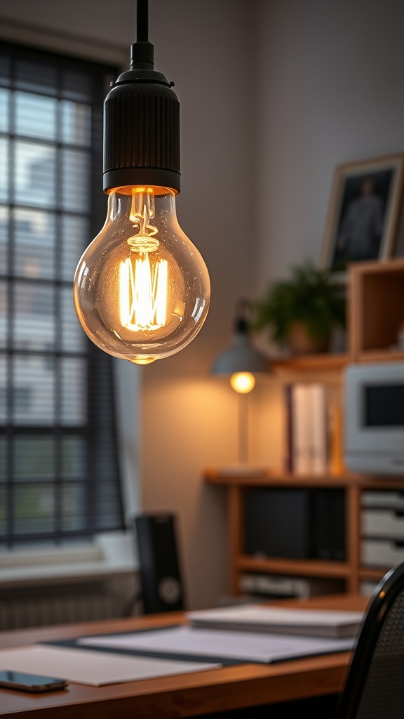 A cozy home office with a stylish ceiling light, desk, and plants, emphasizing lighting upkeep.
