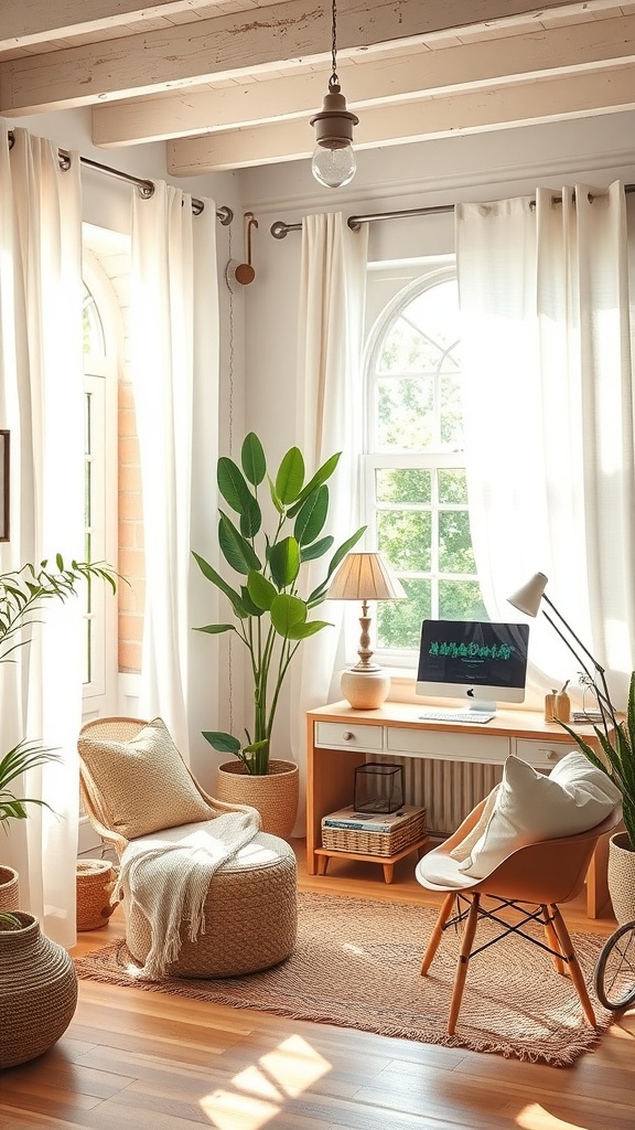 A bright home office with lightweight curtains, plants, and a cozy chair.
