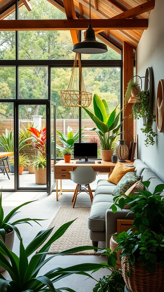 A bright home office featuring various indoor plants, a desk, and large windows, showcasing a blend of nature and workspace.