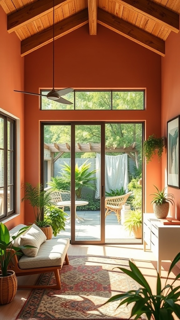 A cozy home office with warm orange walls, large windows, and plants, showcasing a sustainable design.