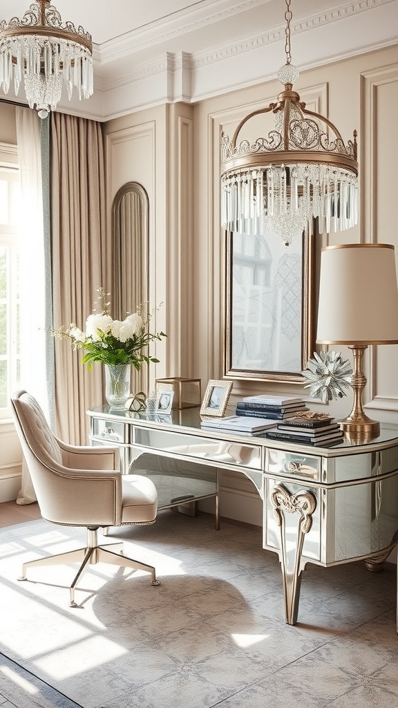 A luxurious home office featuring a crystal chandelier, mirrored desk, and elegant decor.