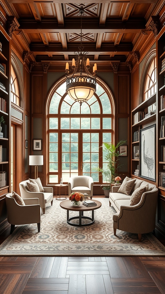 Luxurious home library office with wooden shelves, large windows, and elegant seating.