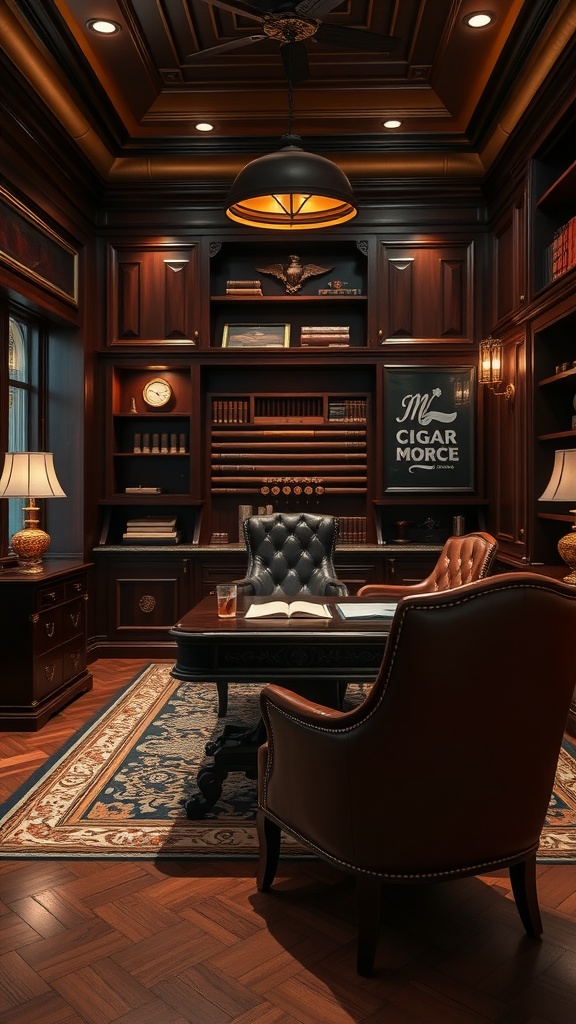 Luxury cigar lounge office with dark wood furniture, leather chairs, and warm lighting.