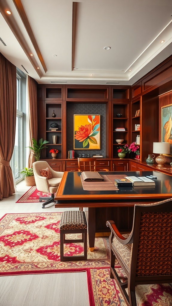Luxury executive home office with wooden cabinetry, artwork, and plush seating.