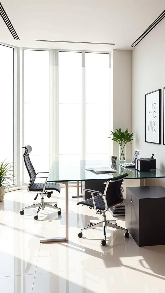 A modern luxury office with a glass desk, ergonomic chairs, and large windows.