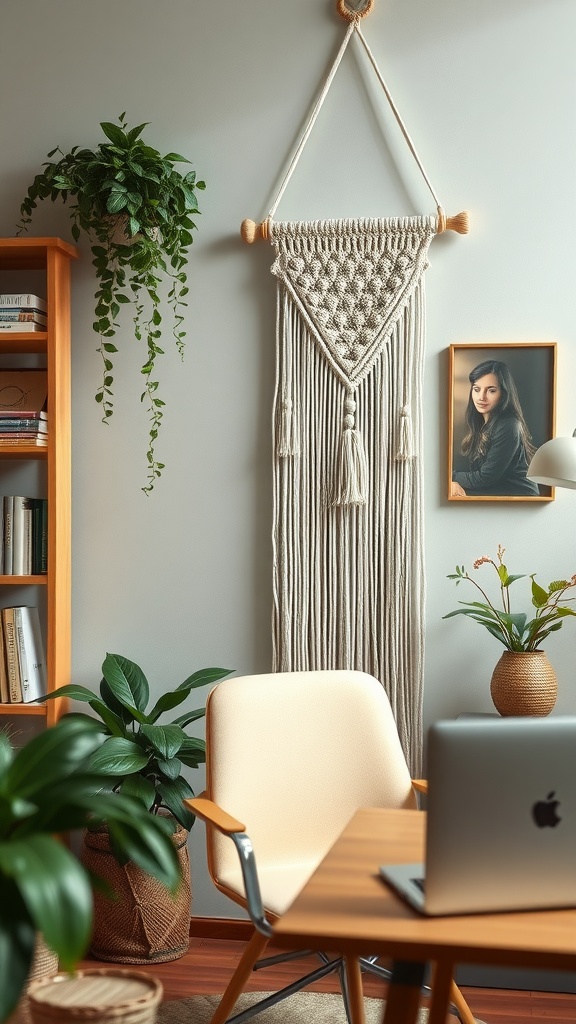 A macramé wall hanging displayed in a cozy office setting, featuring plants and stylish furniture.