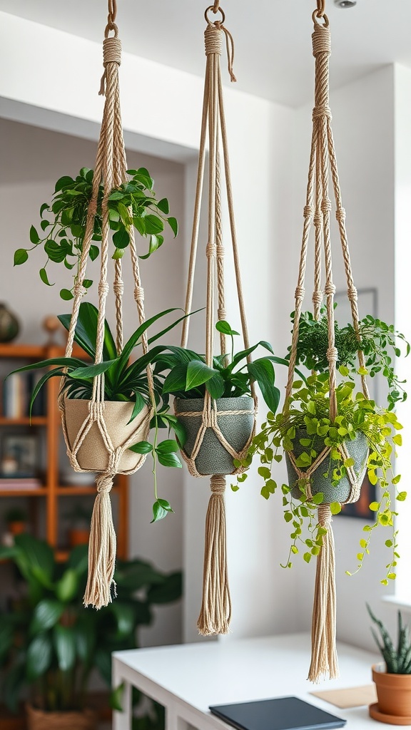 A cozy boho office featuring macrame plant hangers with various plants, creating a stylish and relaxed atmosphere.