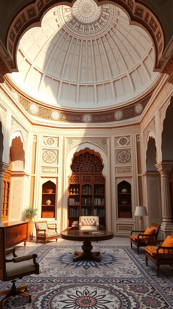 Interior of a home office featuring a majestic dome and arches, showcasing Mughal architecture.