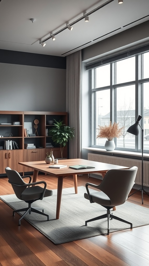 A modern masculine Scandinavian office featuring a wooden desk, comfortable chairs, and large windows.