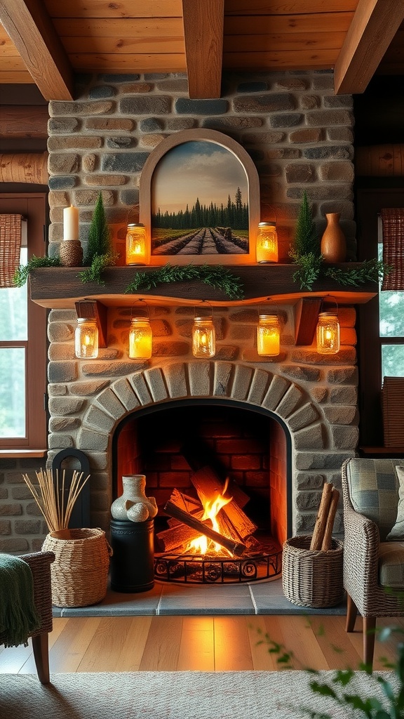 A cozy fireplace in a rustic cabin with mason jar lanterns above it, creating a warm atmosphere.