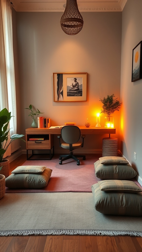 A cozy meditation space featuring floor cushions, plants, and warm lighting.