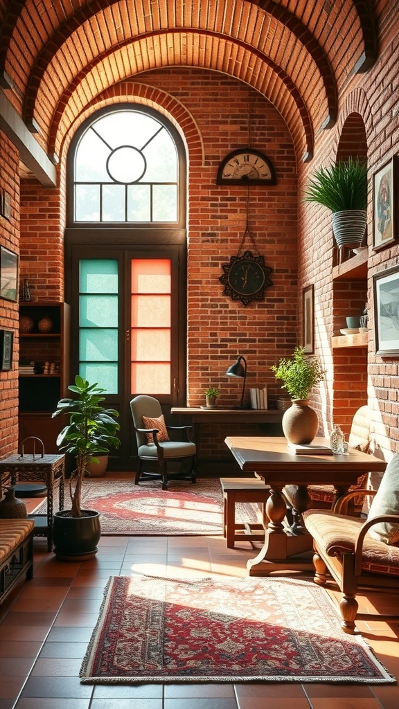A rustic office space featuring warm red brick walls, an arched ceiling, and a cozy wooden table with chairs.