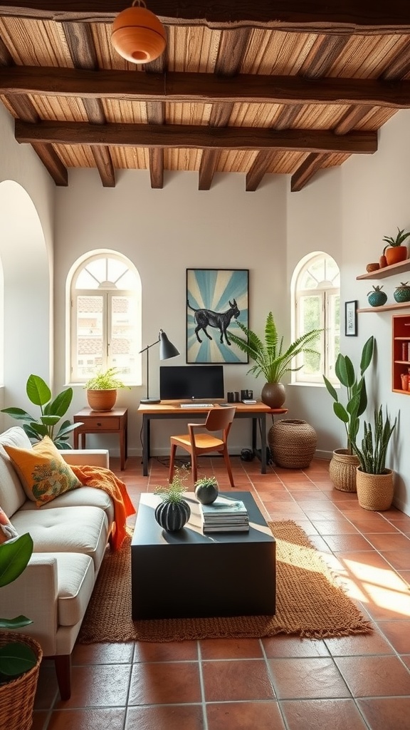 A cozy Mediterranean-style home office featuring natural elements and warm colors