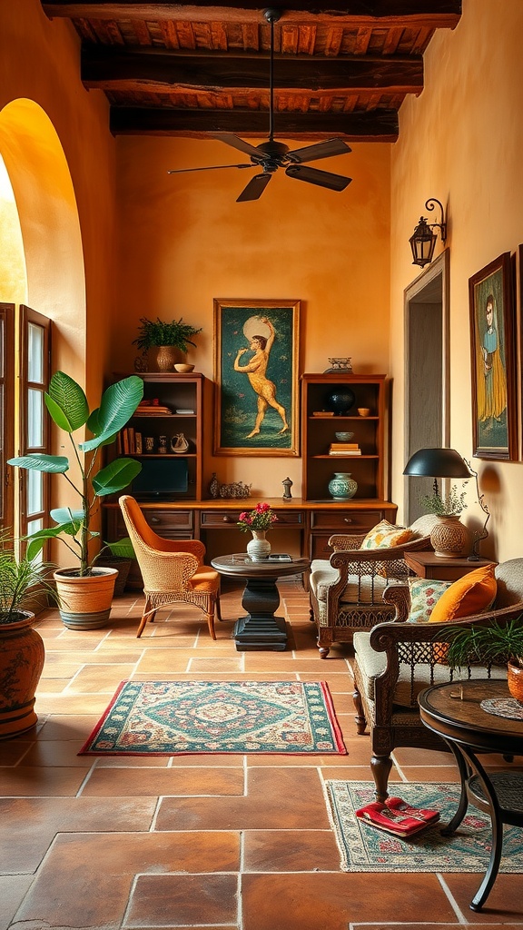 A cozy Mediterranean-style home office featuring warm earthy tones, wooden beams, wicker furniture, and decorative plants.