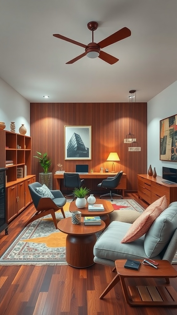 A cozy mid-century modern home office featuring warm wood tones, a sleek desk, comfortable chairs, and decorative plants.