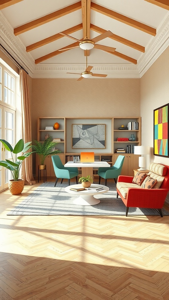 A bright and airy home office with high ceilings, wooden beams, colorful chairs, and a cozy sofa.