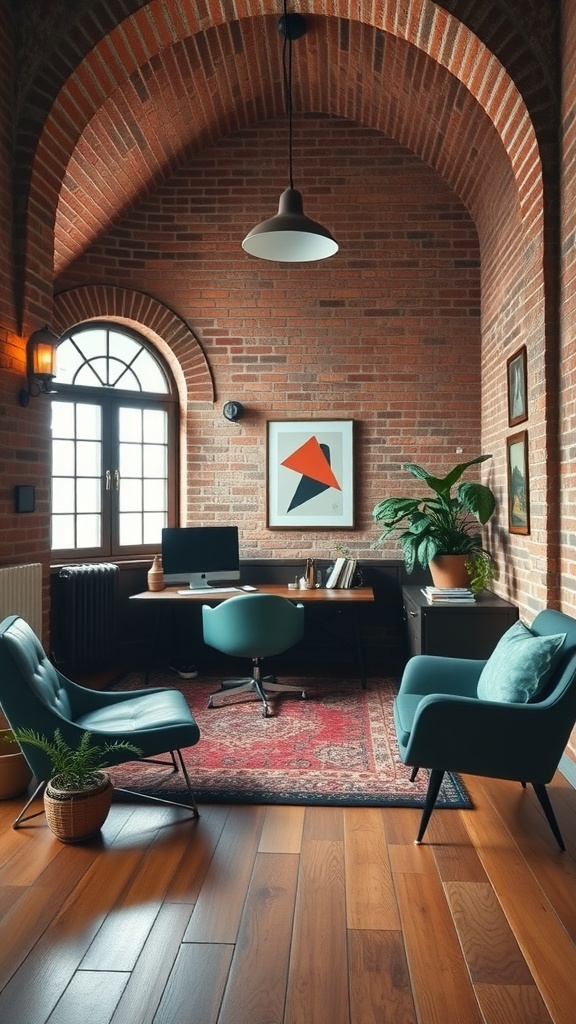 Cozy home office with brick wall architecture and modern furniture