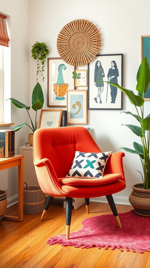 A stylish mid-century modern chair in a cozy home office setting, featuring bright orange upholstery, wooden furniture, and decorative items.