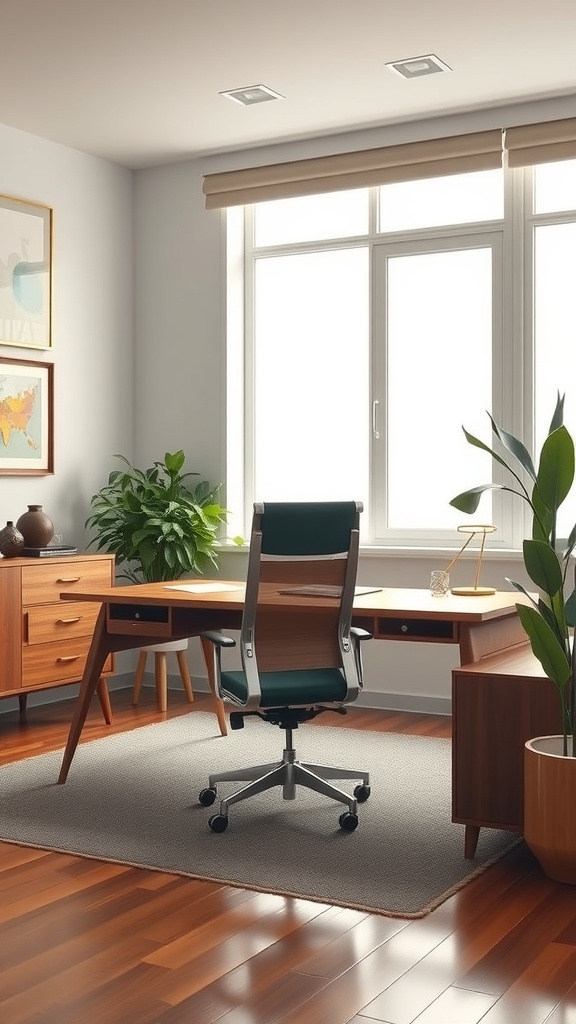 A mid-century modern home office featuring a wooden desk, ergonomic chair, and plants.